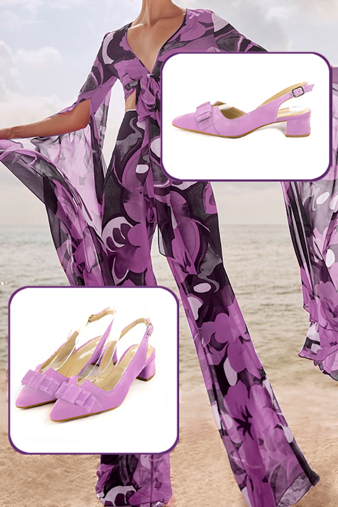 Women's mauve purple elegant slingback heels, with a bow on the front. Tapered toe. Low flare heels - Top view